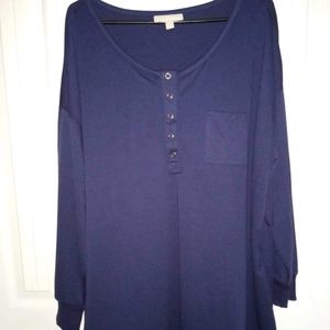 NWOT Woman Within Navy Blue Henley Long Sleeve, Plus Size 1X, Top, Tunic Pocket